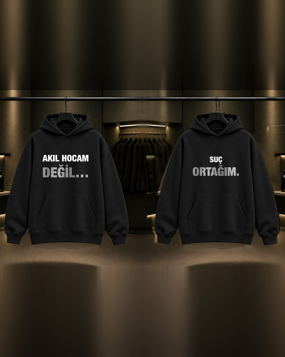 Akıl Hocam Değil & Suç Ortağım — BFF İkili Baskılı Unisex %100 Pamuk Kapüşonlu Sweatshirt — İkili, Siyah