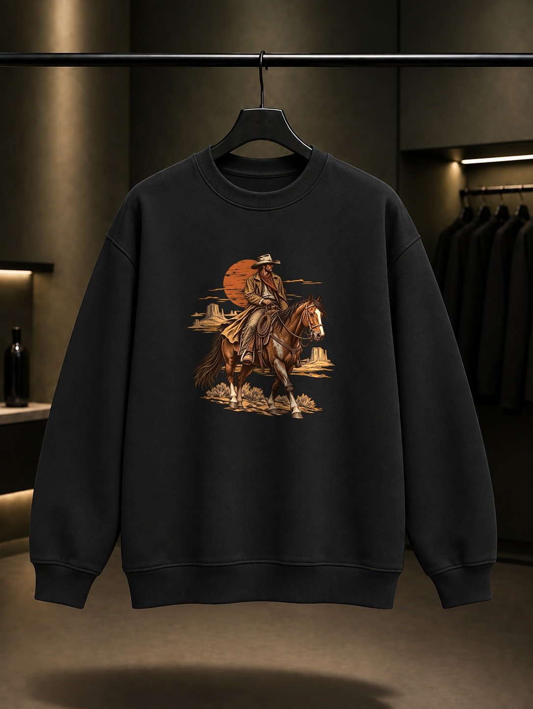Kovboy Atlı Gün Batımı Sweatshirt Siyah