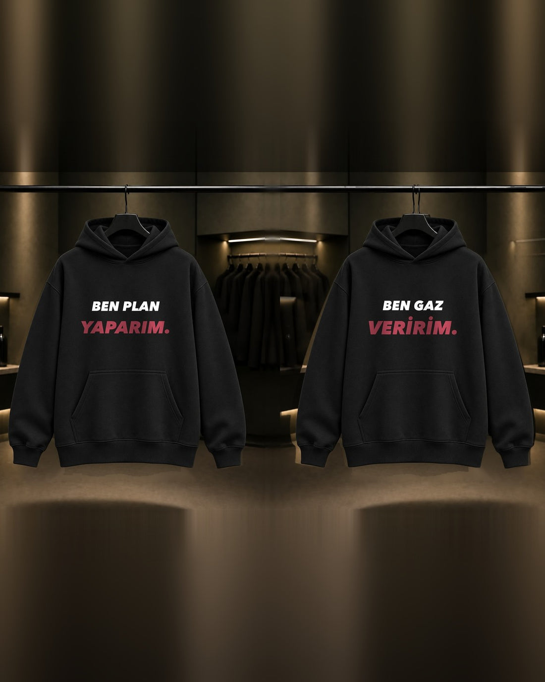 Ben Plan Yaparım & Ben Gaz Veririm — BFF İkili Baskılı Unisex %100 Pamuk Kapüşonlu Sweatshirt — İkili, Siyah
