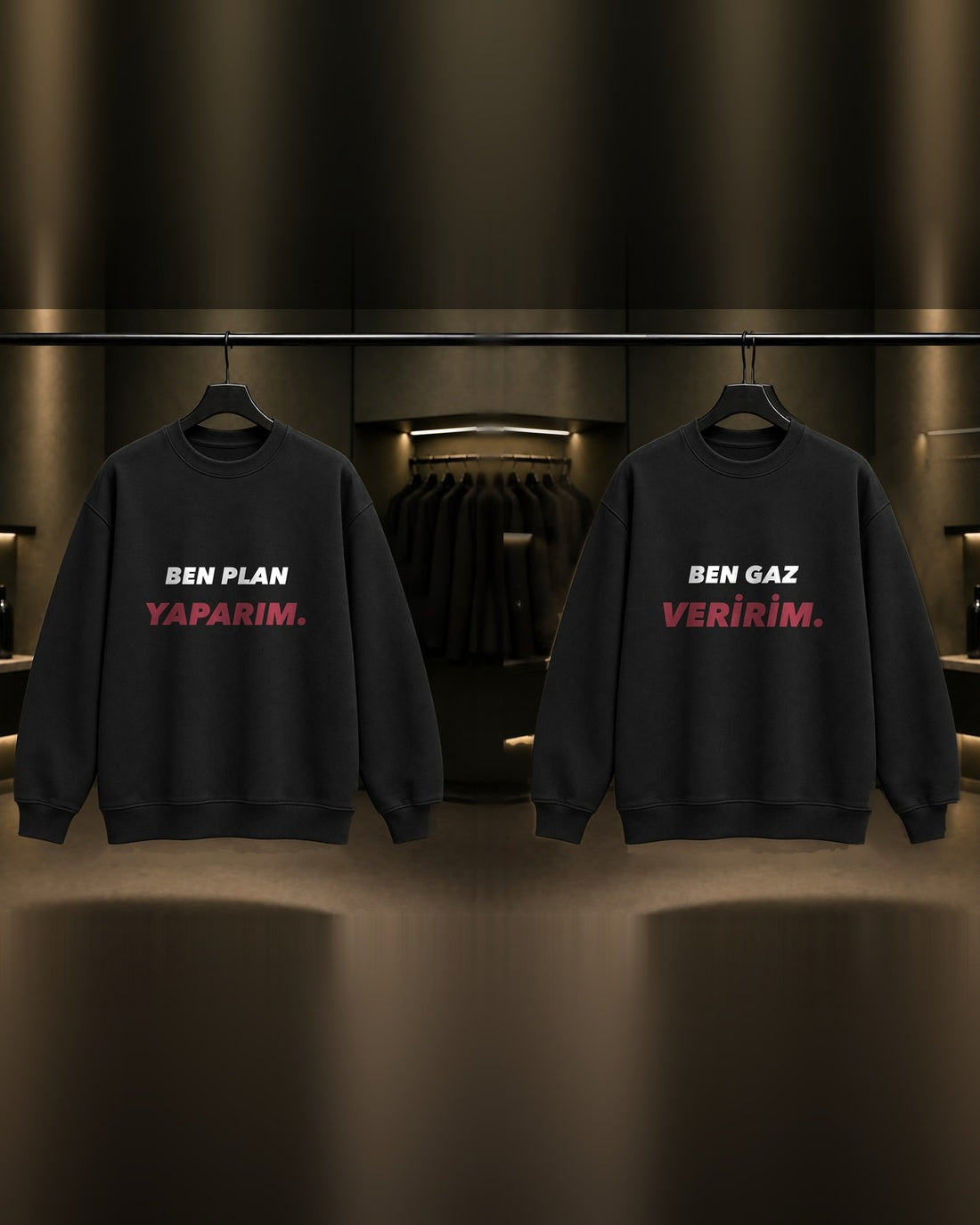 Ben Plan Yaparım & Ben Gaz Veririm — BFF İkili Baskılı Unisex %100 Pamuk Sweatshirt — İkili, Siyah