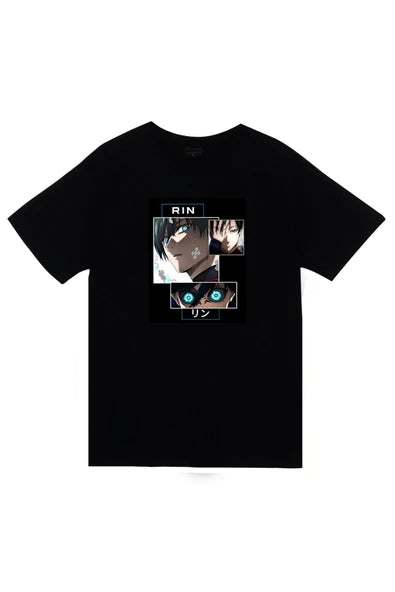 fame-stoned Blue Lock, Rin İtoshi Anime Baskılı Unisex %100 Pamuk Siyah T-shirt