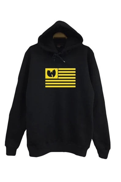 Everything Will Be Ok Wu-Tang logolu sarı Amerikan baskılı siyah kapüşonlu sweatshirt