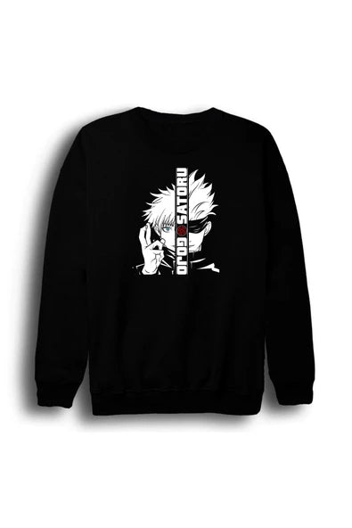 fame-stoned Jujutsu Kaisen Satoru Gojo Anime Baskılı Unisex %100 Pamuk Bisiklet Yaka Siyah Sweatshirt