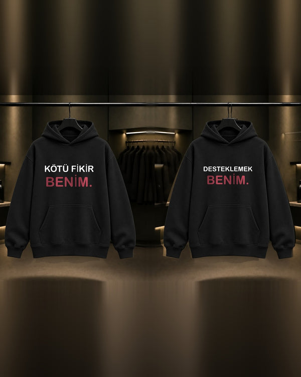 Kötü Fikir Benim & Desteklemek Benim — BFF İkili Baskılı Unisex %100 Pamuk Kapüşonlu Sweatshirt — İkili, Siyah