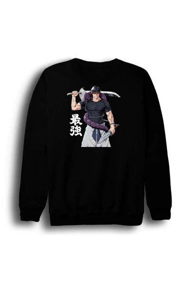fame-stoned Jujutsu Kaisen - Toji Fushiguro - Anime Baskılı Unisex %100 Pamuk Siyah Bisiklet Yaka Sweatshirt