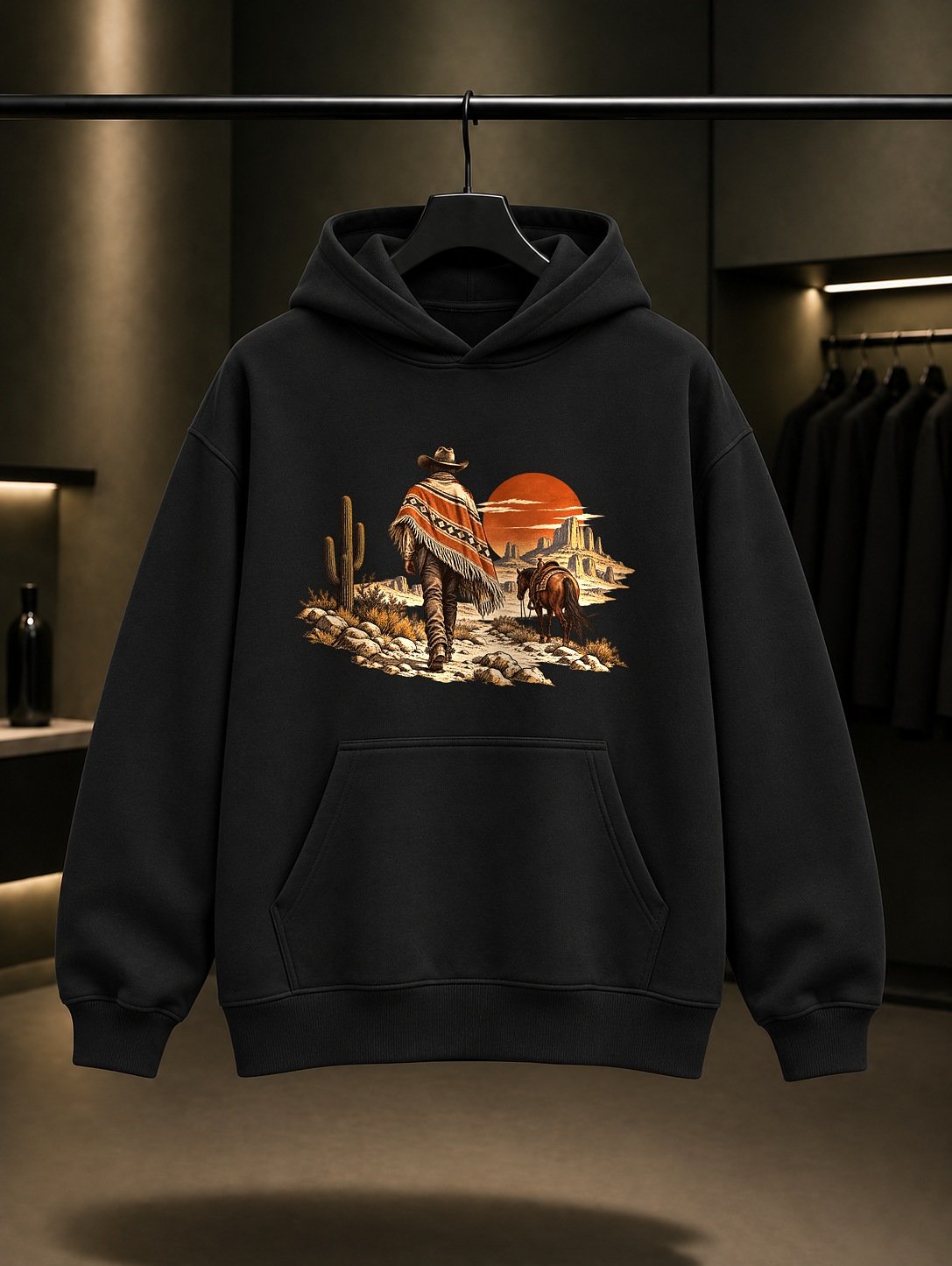 Kovboy Çöl Yolcusu Kapüşonlu Sweatshirt Siyah