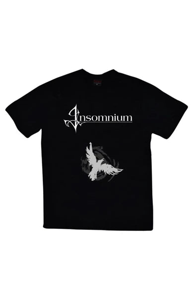 Insomnium Logosu ve beyaz kuş baskılı siyah tişört