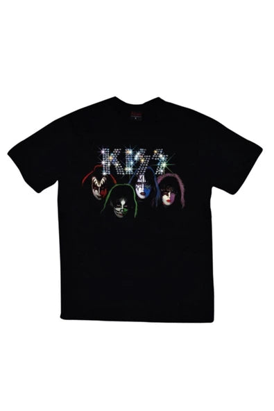 fame-stoned Kiss Baskılı Unisex %100 Pamuk Siyah T-shirt