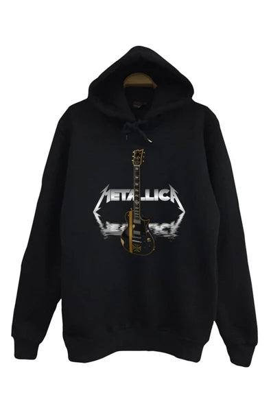 Metallica Elektro gitar ve grup baskılı siyah kapüşonlu sweatshirt