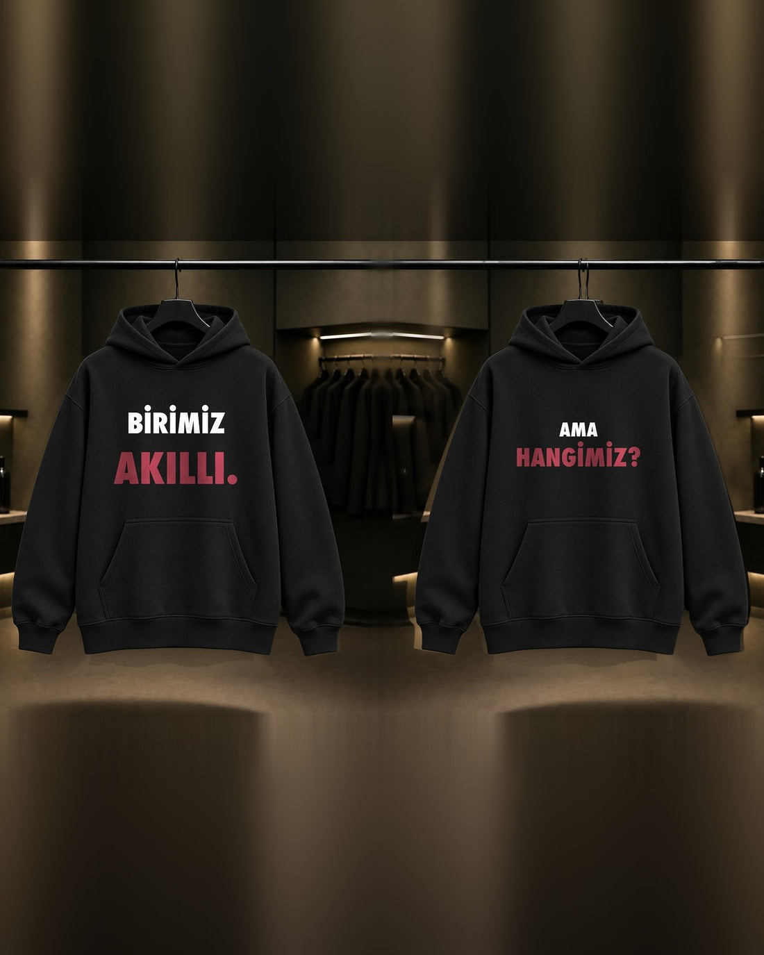 Birimiz Akıllı & Ama Hangimiz — BFF İkili Baskılı Unisex %100 Pamuk Kapüşonlu Sweatshirt — İkili, Siyah