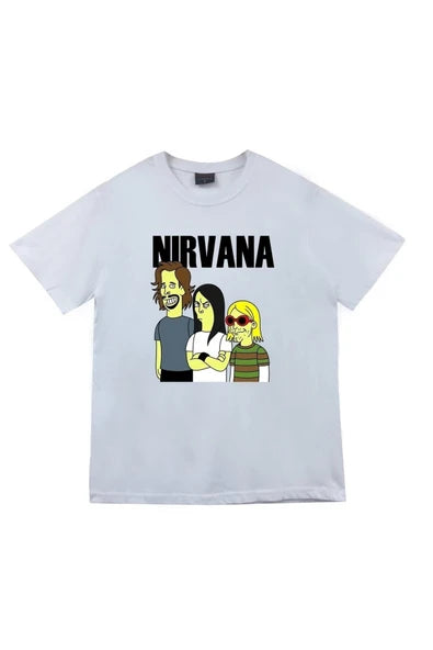 fame-stoned Nirvana Müzik Grubu Baskılı Unisex %100 Pamuk Beyaz T-shirt