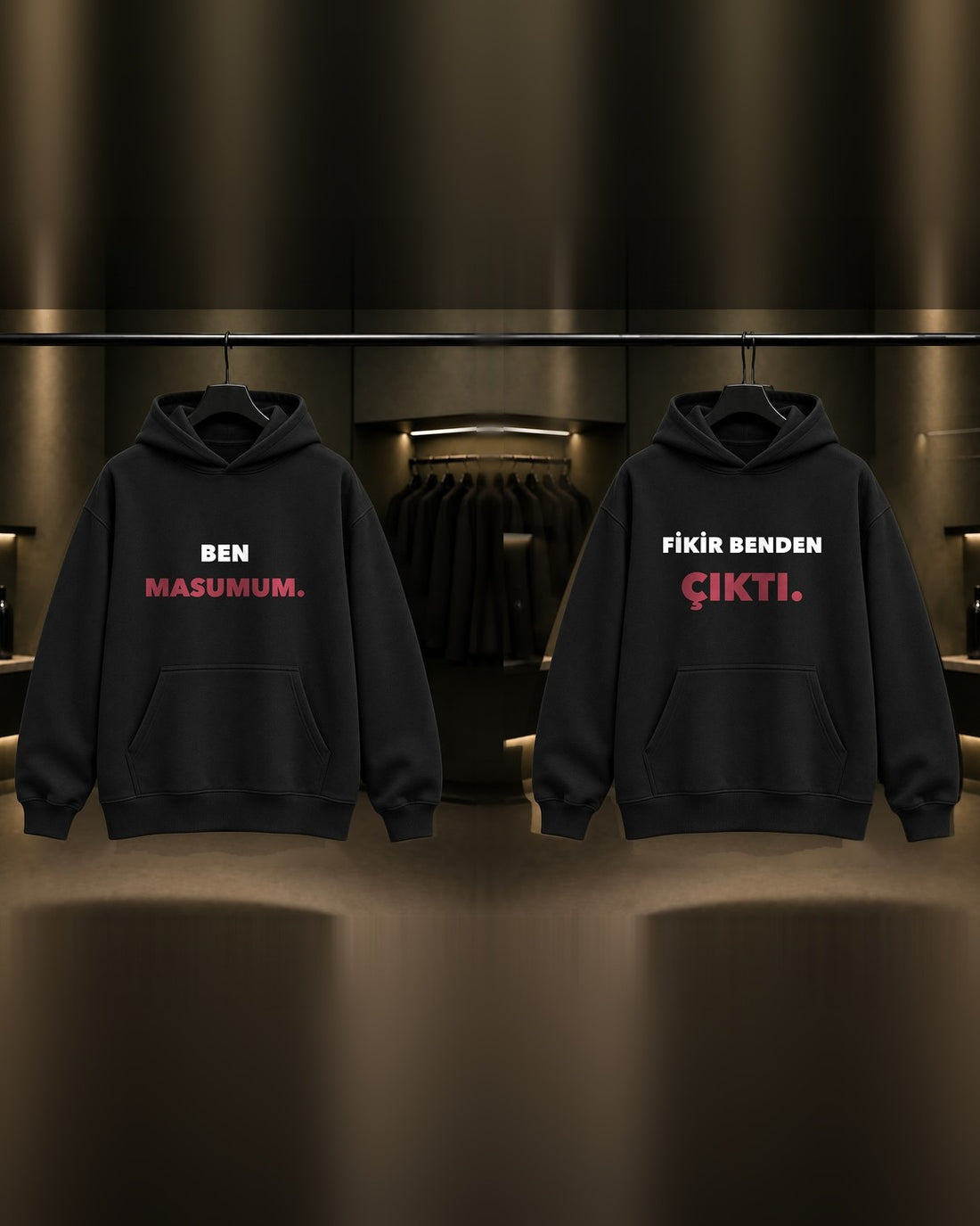 Ben Masumum & Fikir Benden Çıktı — BFF İkili Baskılı Unisex %100 Pamuk Kapüşonlu Sweatshirt — İkili, Siyah