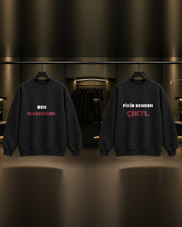 Ben Masumum & Fikir Benden Çıktı — BFF İkili Baskılı Unisex %100 Pamuk Sweatshirt — İkili, Siyah