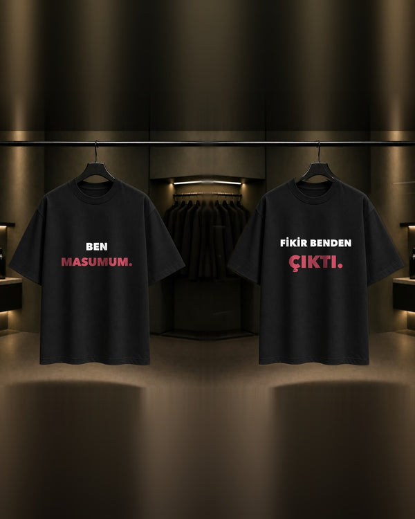Ben Masumum & Fikir Benden Çıktı — BFF İkili Baskılı Unisex %100 Pamuk T-shirt — İkili, Siyah