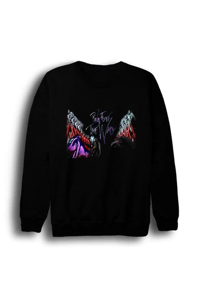 Pink Floyd Mor-kırmızı tonlu testereli/gotik baskılı siyah sweatshirt
