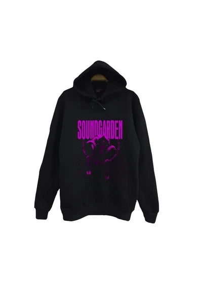 fame-stoned Soundgarden - Müzik Grubu Baskılı Unisex %100 Pamuk Kapüşonlu Siyah Sweatshirt