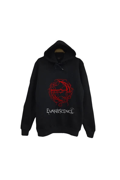 Evanescence - Müzik Grubu Kırmızı dikenli daire baskılı siyah kapüşonlu sweatshirt