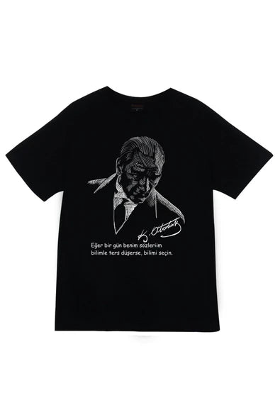 fame-stoned Gazi Mustafa Kemal Atatürk Baskılı Unisex %100 Pamuk Siyah T-shirt