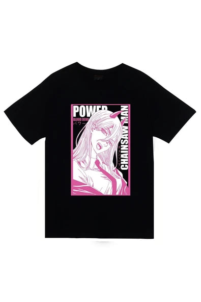 fame-stoned Chainsaw Man Anime Baskılı Unisex %100 Pamuk Siyah T-shirt