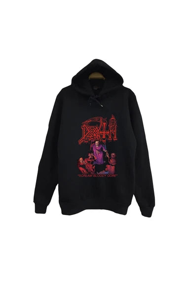 Death Scream Bloody Gore temalı baskılı siyah kapüşonlu sweatshirt