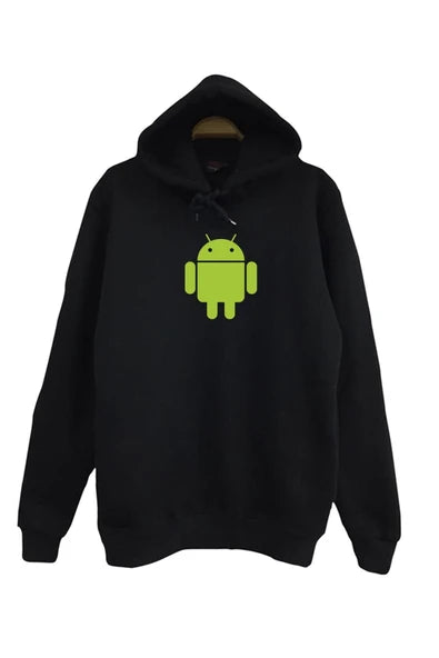 Unisex Siyah Android Robot Yeşil maskotu baskılı siyah kapüşonlu sweatshirt