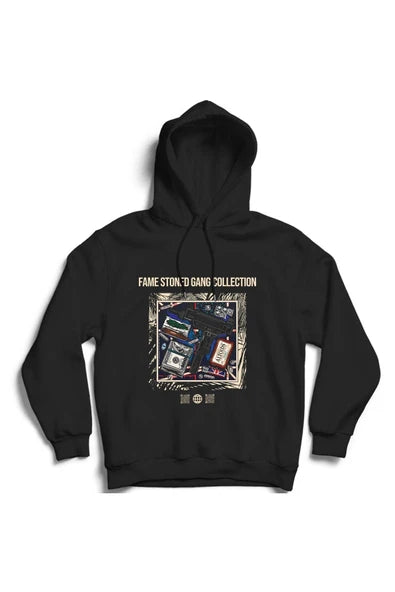 Gangsta Fame Stond baskılı siyah kapüşonlu sweatshirt