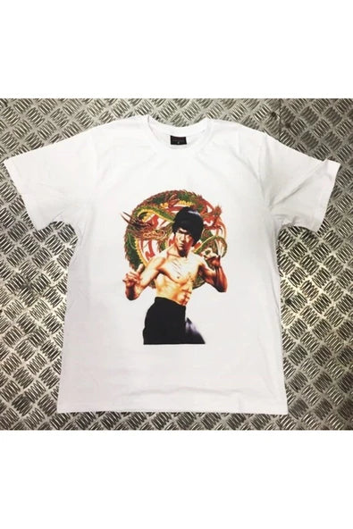 fame-stoned Bruce Lee Baskılı Unisex %100 Pamuk Beyaz T-shirt