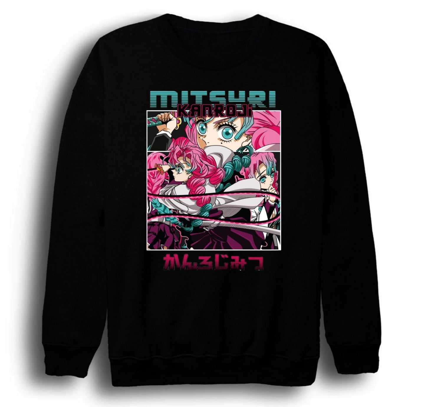 Demon Slayer - Mitsuri Kanroji - Anime Baskılı Unisex %100 Pamuk Bisiklet Yaka Siyah Sweatshirt