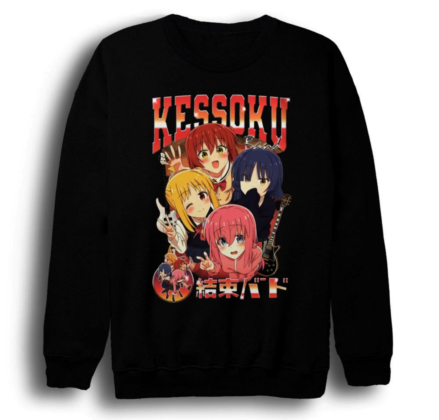 Bocchi The Rock - Kessoku Band - Anime Baskılı Unisex %100 Pamuk Bisiklet Yaka Siyah Sweatshirt