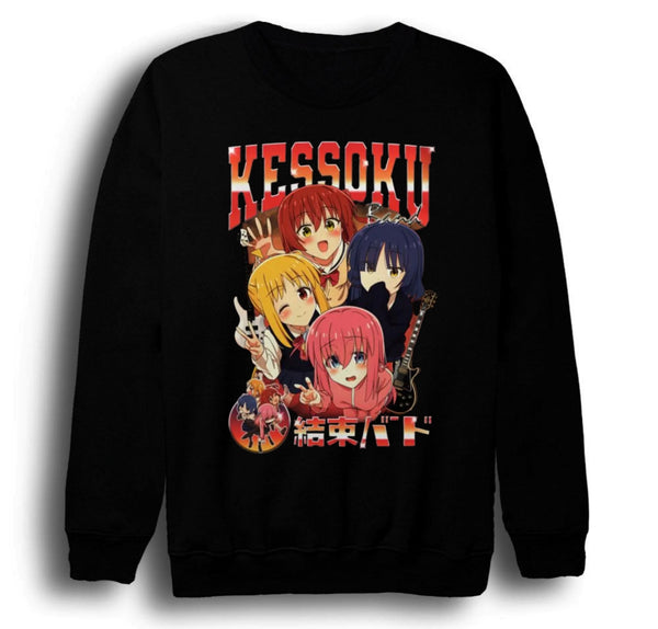Bocchi The Rock - Kessoku Band baskılı siyah sweatshirt
