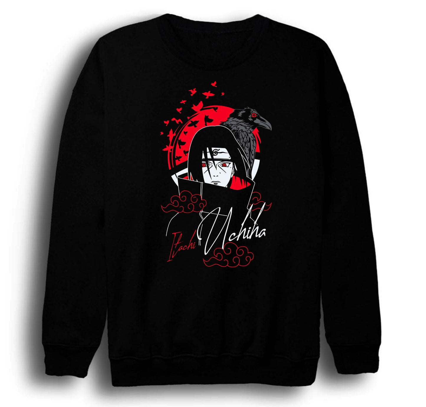 Naruto - Itachi Uchiha - Anime Baskılı Unisex %100 Pamuk Bisiklet Yaka Siyah Sweatshirt