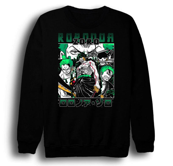 One Piece - Ronoa Zoro Roronoa yeşil baskılı siyah sweatshirt