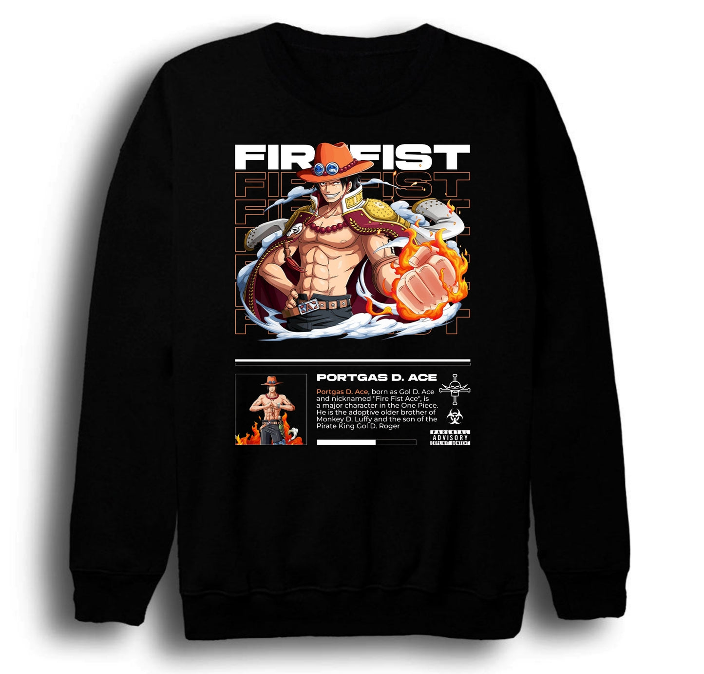 One Piece - Portgas D. Ace - Anime Baskılı Unisex %100 Pamuk Bisiklet Yaka Siyah Sweatshirt