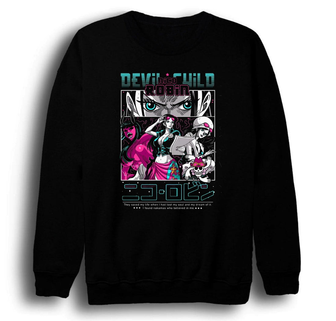 One Piece - Nico Robin Devild Child baskılı siyah sweatshirt