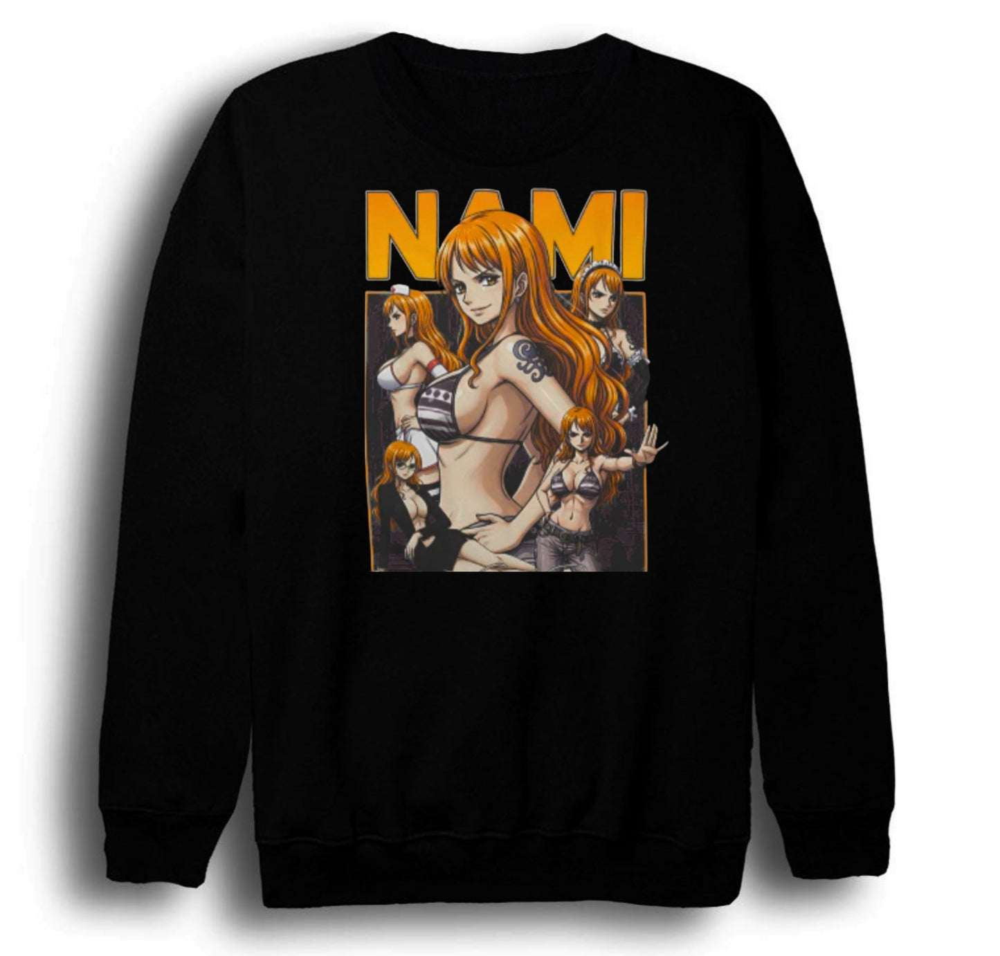One Piece - Nami - Anime Baskılı Unisex %100 Pamuk Bisiklet Yaka Siyah Sweatshirt