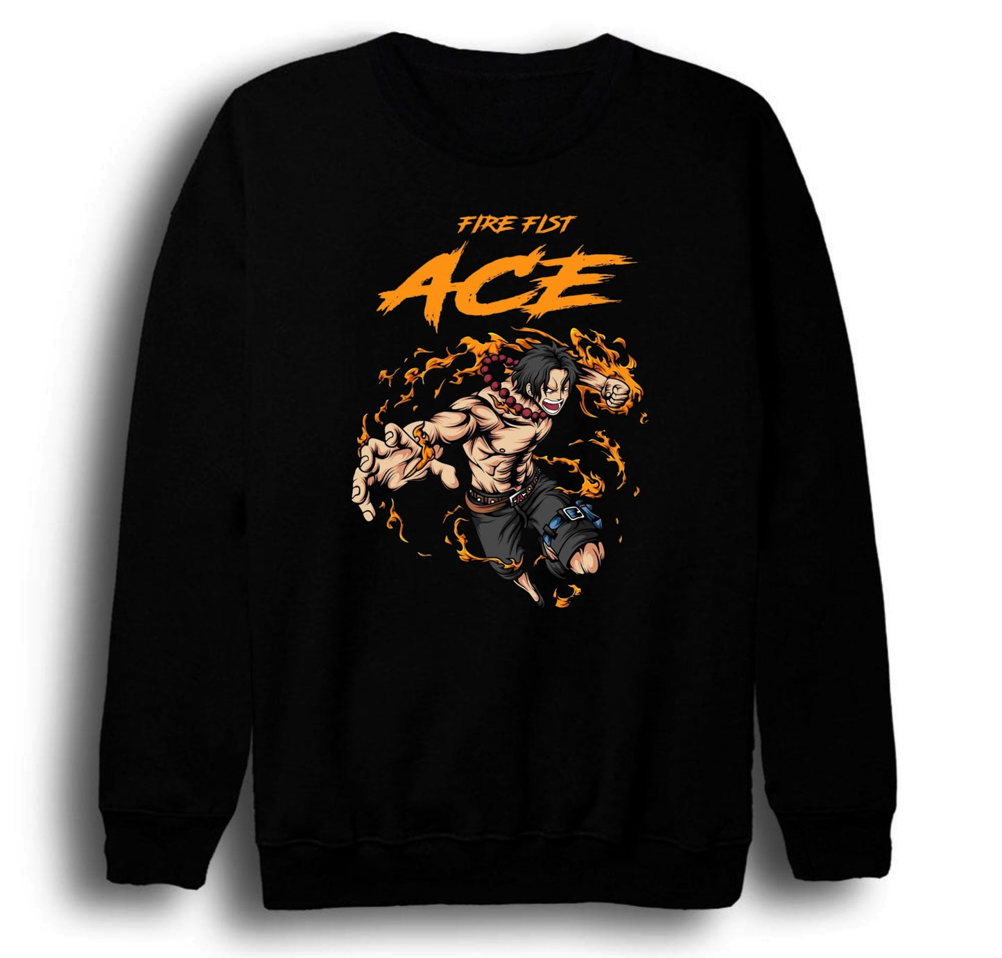 One Piece - Portgas D. Ace - Anime Baskılı Unisex %100 Pamuk Bisiklet Yaka Siyah Sweatshirt
