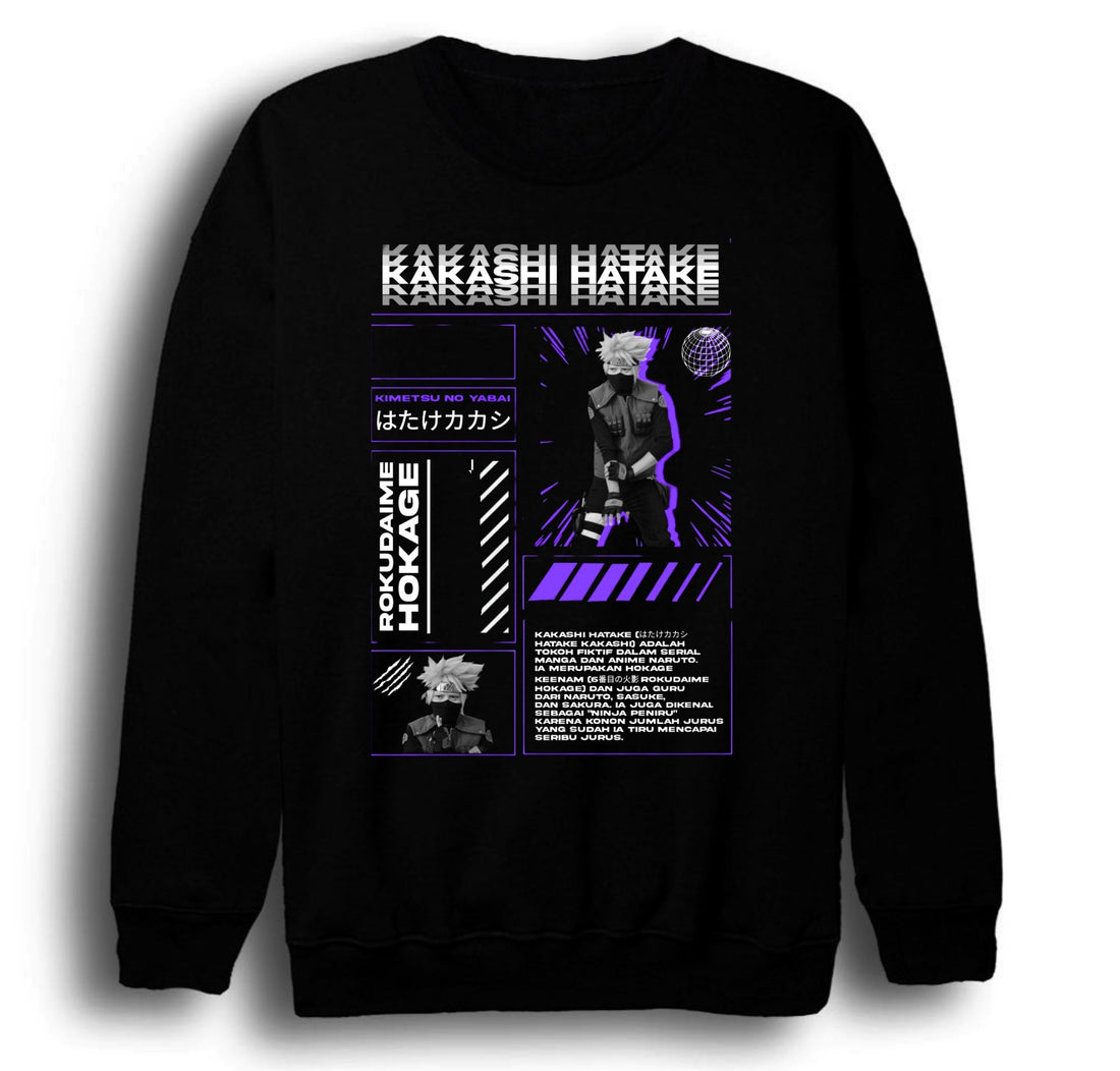Naruto - Sasuke Uchiha Kakashi Hatake baskılı siyah sweatshirt