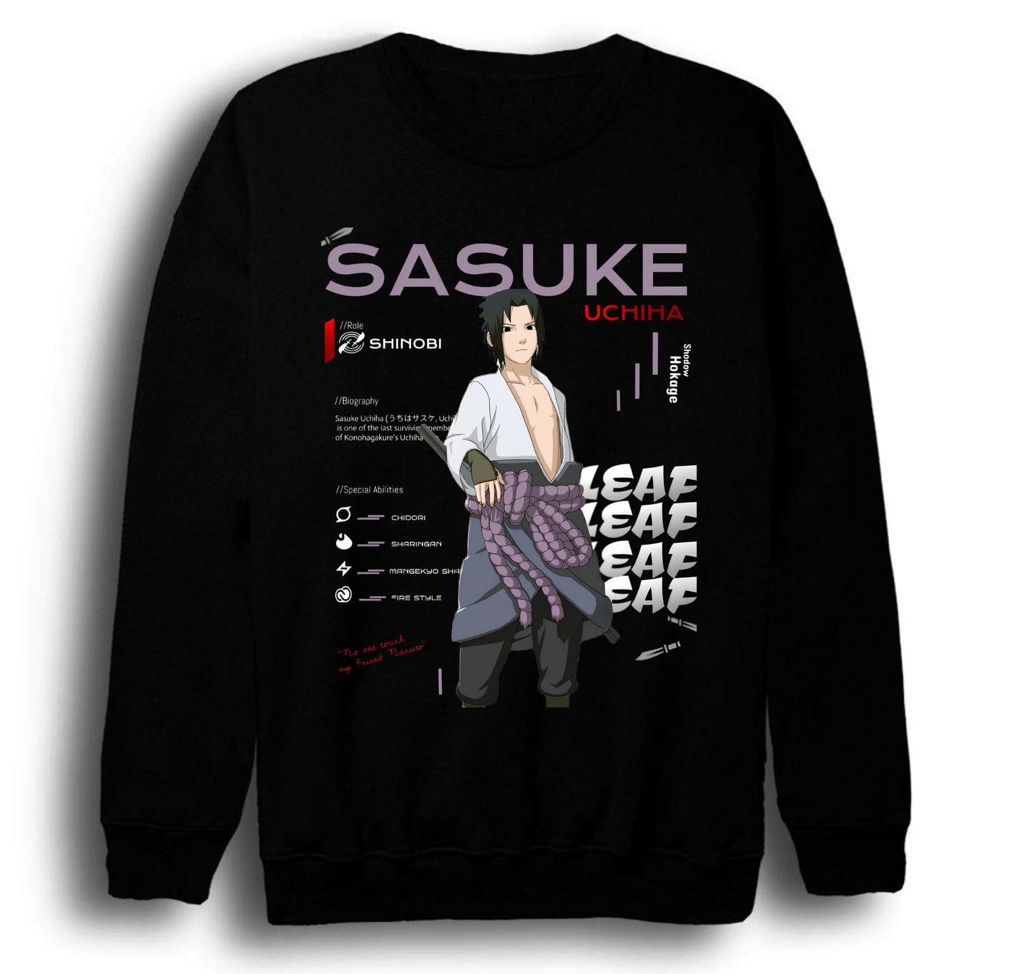 Naruto - Sasuke Uchiha - Anime Baskılı Unisex %100 Pamuk Bisiklet Yaka Siyah Sweatshirt