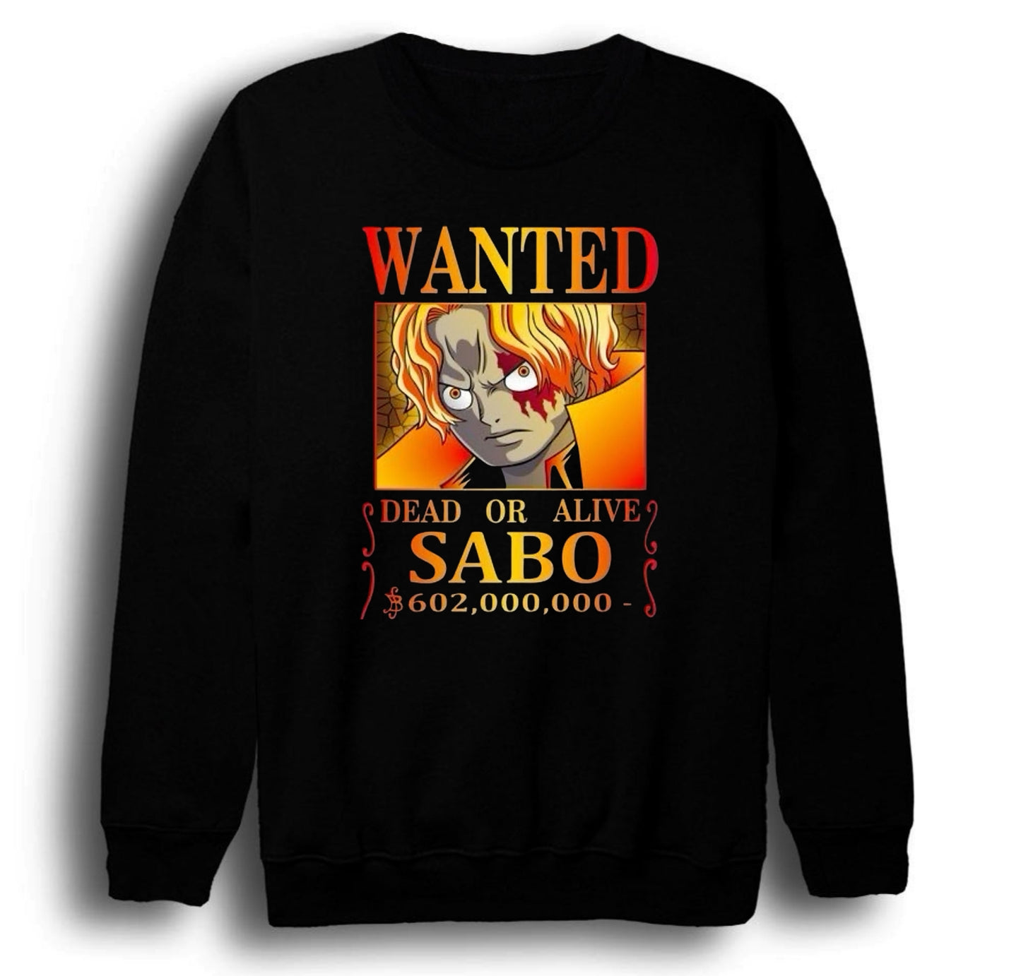 One Piece - Sabo - Anime Baskılı Unisex %100 Pamuk Bisiklet Yaka Siyah Sweatshirt