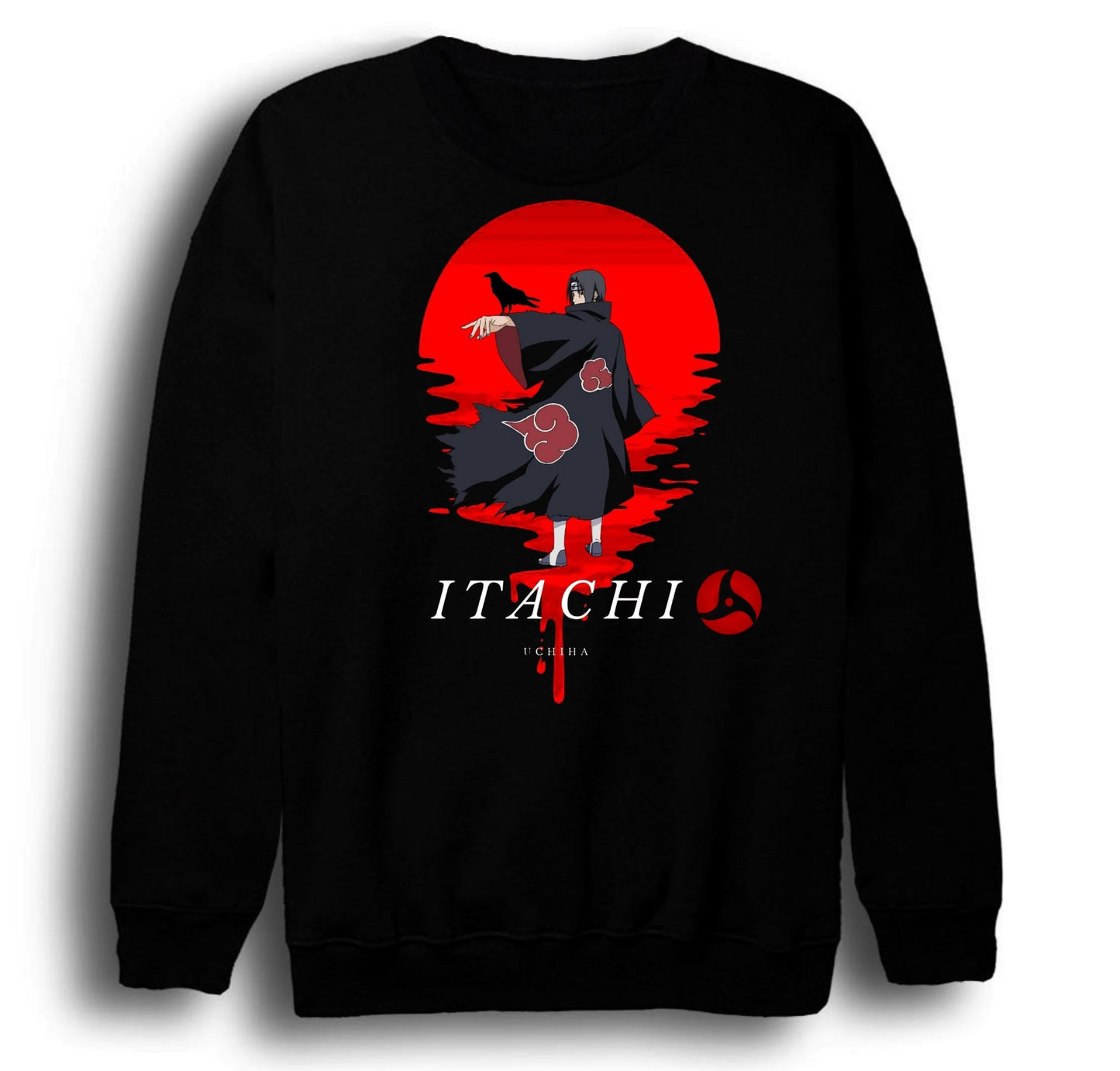 Naruto - Itachi Uchiha - Anime Baskılı Unisex %100 Pamuk Bisiklet Yaka Siyah Sweatshirt