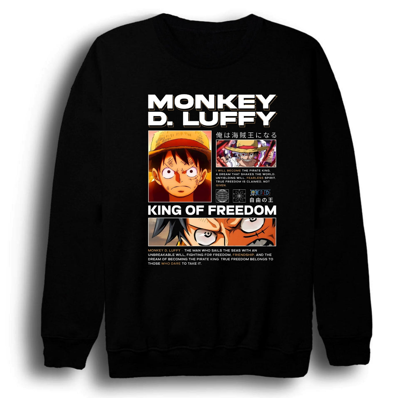 One Piece - Monkey D. Luffy - Anime Baskılı Unisex %100 Pamuk Bisiklet Yaka Siyah Sweatshirt