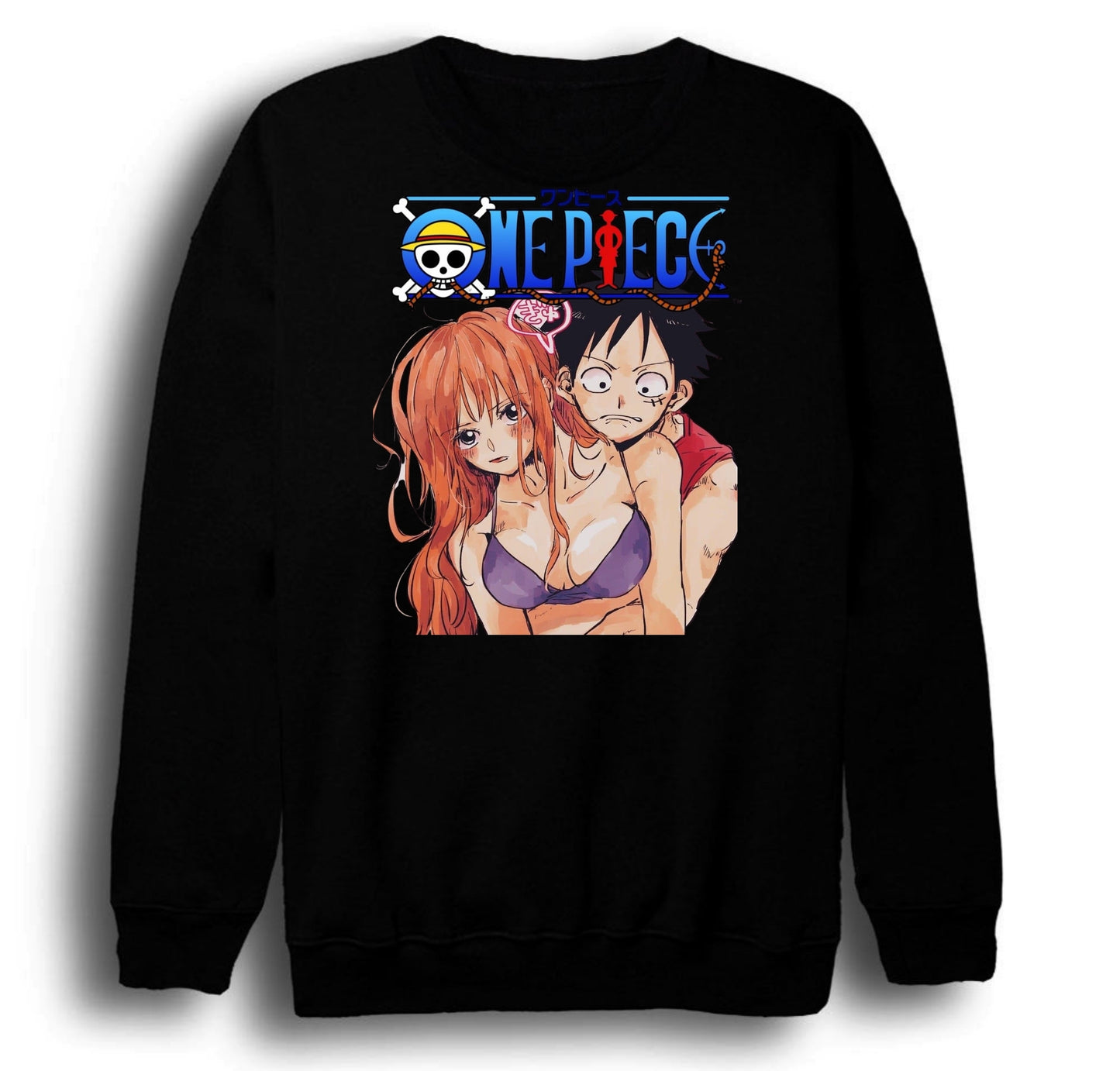 One Piece - Nami - Luffy - Nami x Luffy Baskılı Unisex %100 Pamuk Bisiklet Yaka Siyah Sweatshirt