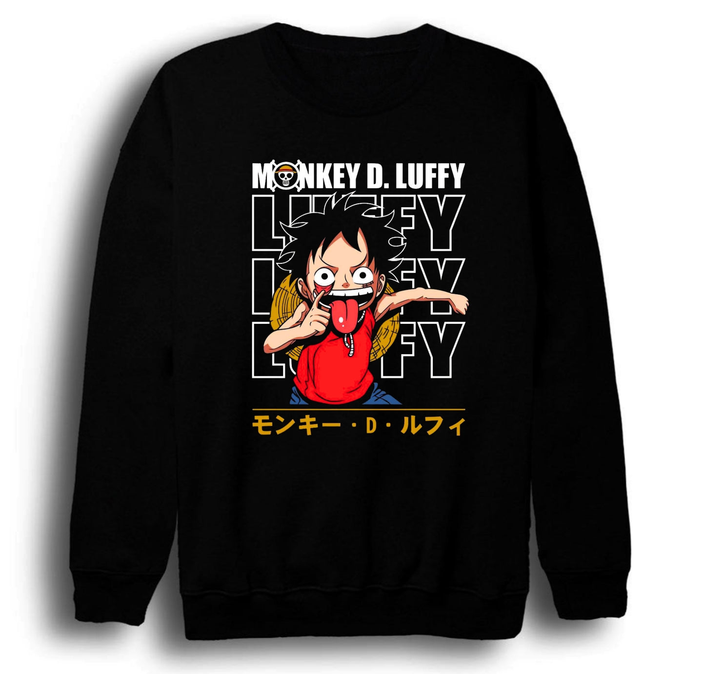 One Piece - Monkey D. Luffy - Anime Baskılı Unisex %100 Pamuk Bisiklet Yaka Siyah Sweatshirt