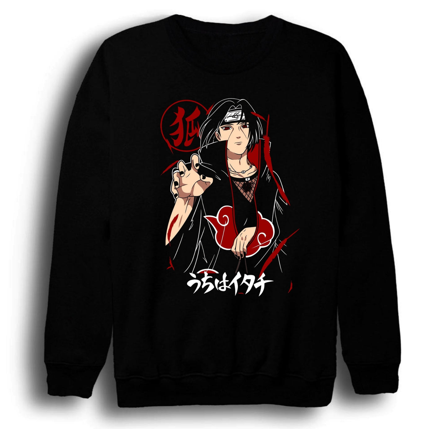 Naruto - Itachi Uchiha - Anime Baskılı Unisex %100 Pamuk Bisiklet Yaka Siyah Sweatshirt