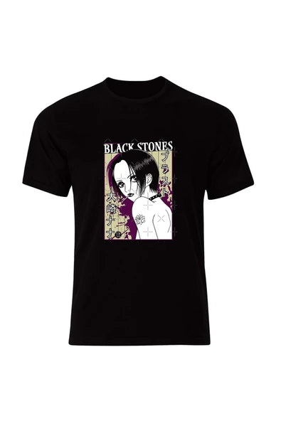 fame-stoned Black Stones Nana Karakterli Anime Baskılı Unisex %100 Pamuk Siyah T-shirt