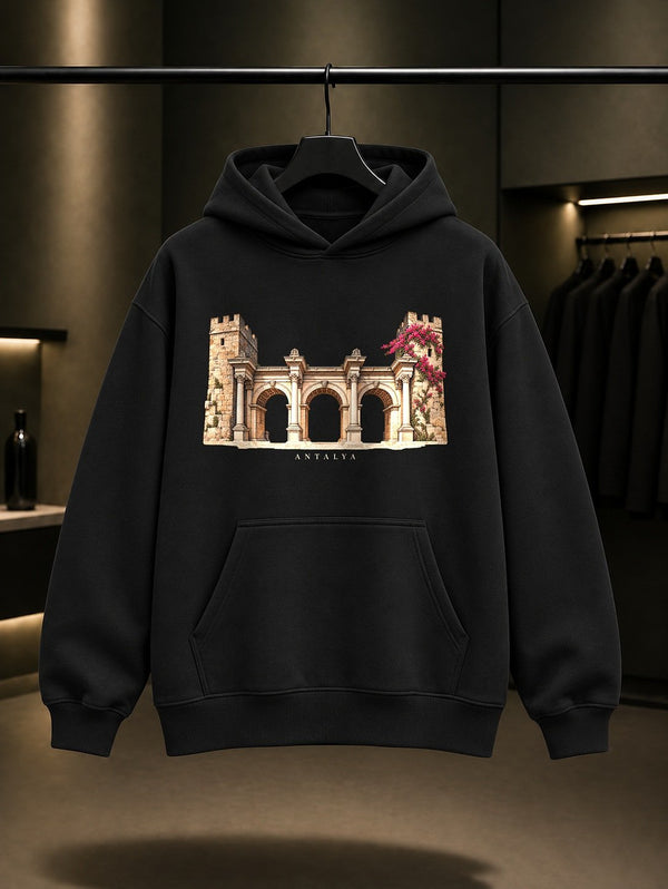 Antalya Hadrian Kapısı Kapüşonlu Sweatshirt – Siyah