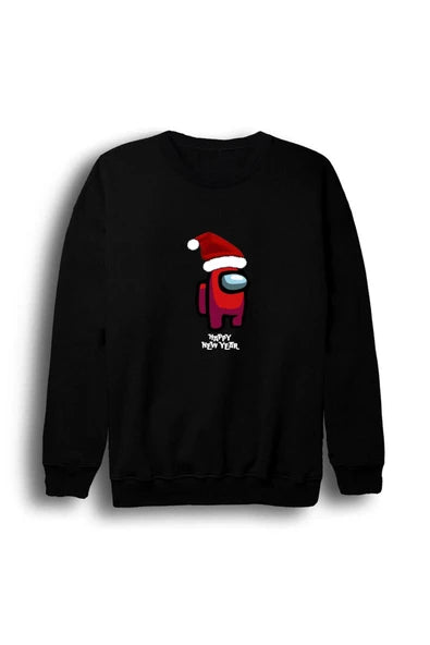 Among Us Yeni Yıl Noel Baba Happy New Year şapkalı kırmızı baskılı siyah sweatshirt