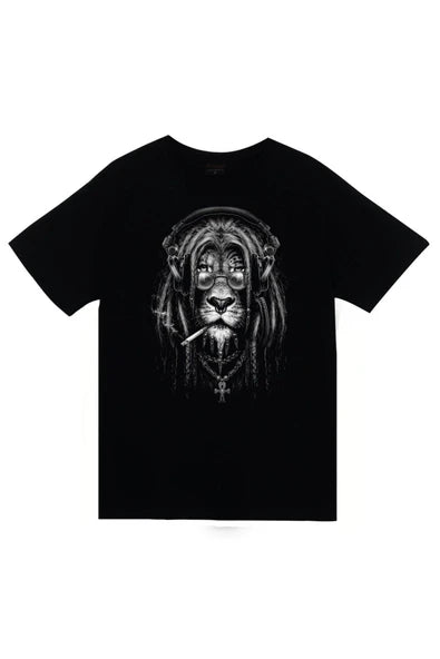 fame-stoned Aslan Baskılı Unisex %100 Pamuk Siyah T-shirt