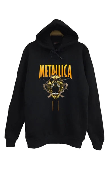 Metallica Sarı logosu ve kuru baskılı siyah kapüşonlu sweatshirt