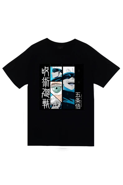fame-stoned Jujutsu Kaisen Satoru Gojo Anime Baskılı Unisex %100 Pamuk Siyah T-shirt